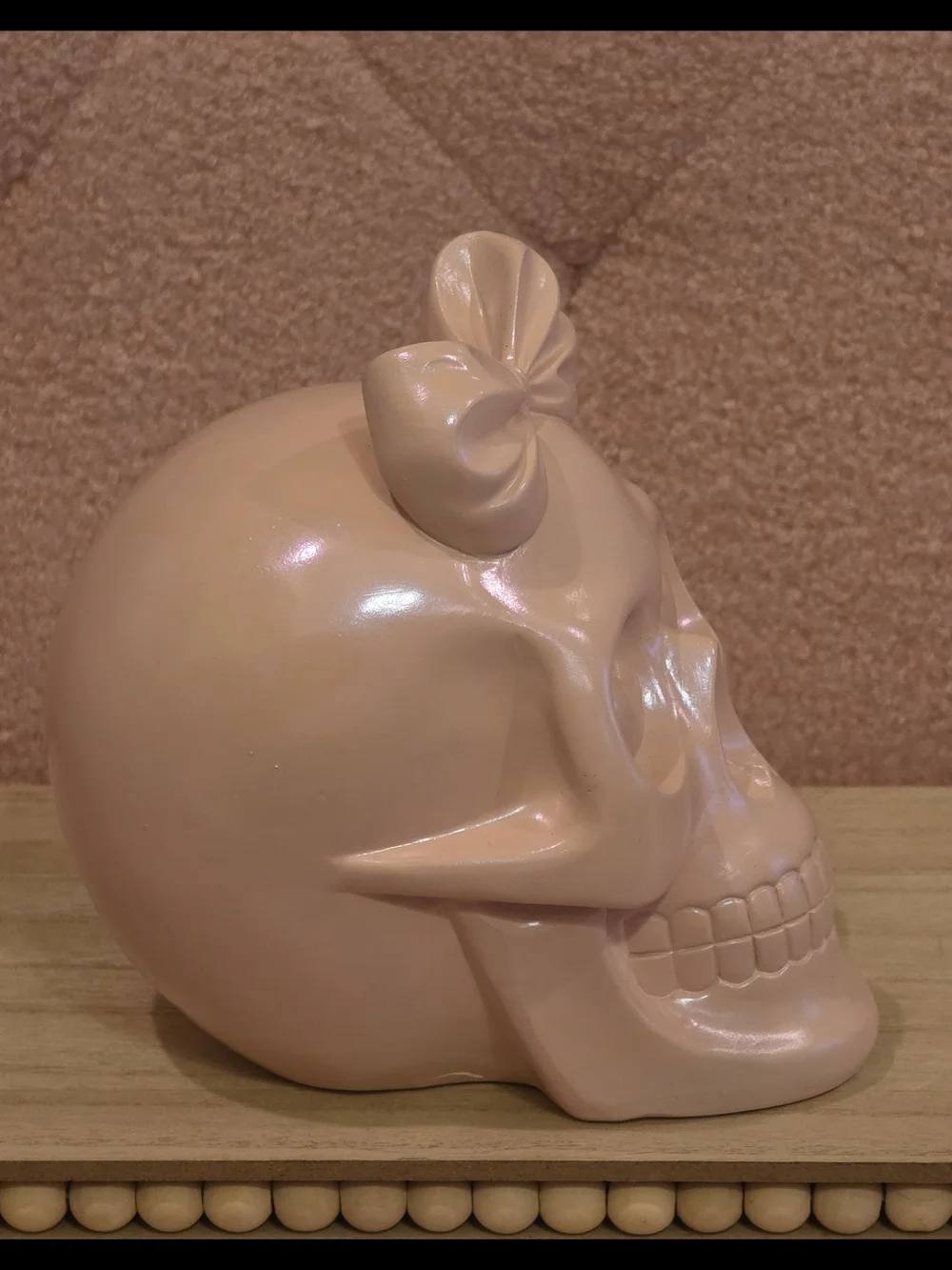 Bow Accent Heart-Eye Skull Figurine in Blush Pink